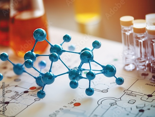 Close-up view of drug development process detailed molecular models.