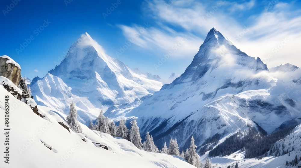 panoramic view of Matterhorn in winter, swiss alps