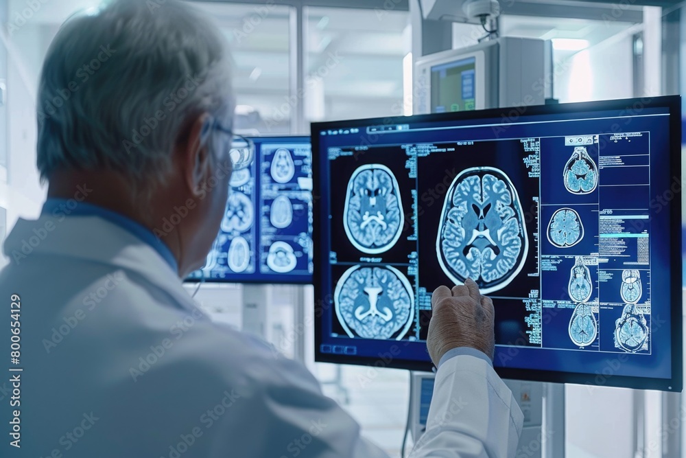 A man is viewing MRI images on a computer screen. Suitable for medical concepts A man is viewing MRI images on a computer screen. Suitable for medical concepts