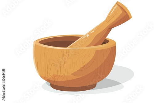 A wooden mortar with a pestle, useful for grinding spices. Can be used in kitchen or herbal medicine settings