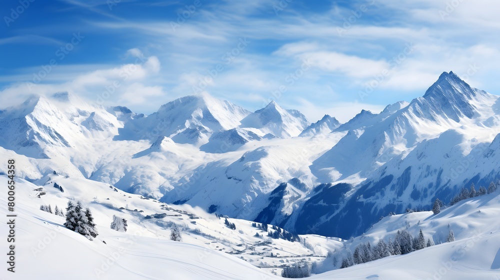 panoramic view of alps in winter with snow and blue sky