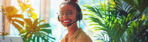 Customer service rep smiling at laptop screen, headset on, bright office, blurred plant background, midshot photo