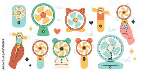 Modern portable fan. Table fan, hand fan. Mini electric fan. Vector illustration in flat style