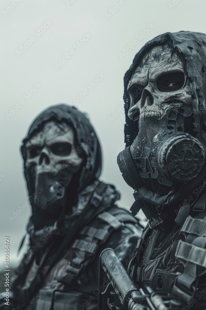 Obraz premium Two individuals wearing gas masks and holding guns. Ideal for military or post-apocalyptic themed designs