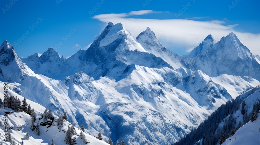 Panoramic view of the snowy mountains in the French Alps.