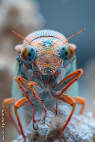 A close up of a bug with big eyes and colorful markings, AI © starush