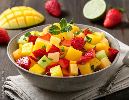 A bowl of refreshing and colorful fruit salsa  featuring diced mango  pineapple  and strawberries