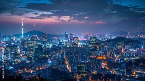 Seoul skyline with Namsan Seoul Tower, vibrant city lights