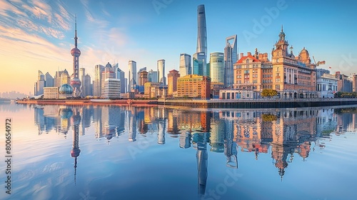 Shanghai skyline from The Bund, modern skyscrapers against historical buildings