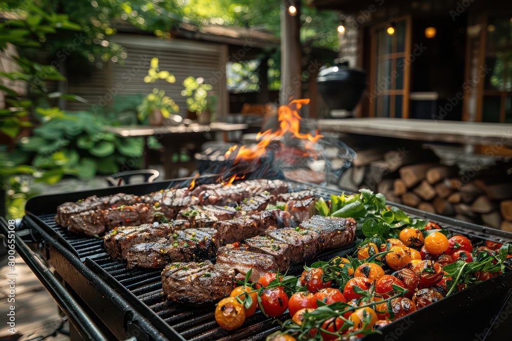 barbecue grill with steaks in a backyard