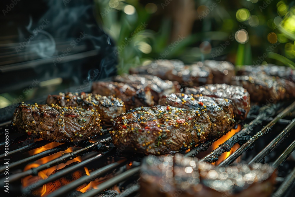 barbecue grill with steaks in a backyard barbecue grill with steaks in a backyard