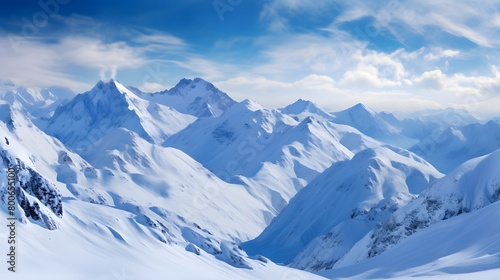 Panoramic view of the mountains covered with snow and blue sky © I