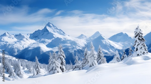 Panoramic view of winter mountains covered with snow and blue sky