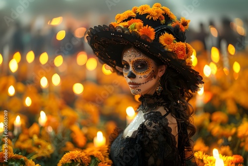Mujer con maquillaje  de catrina un sombrero negro con flores amarillas y un elegante vestido nego al fondo luces de velas encedidas y flores de cempasúchil.  Celebracion  del dia de muertos photo