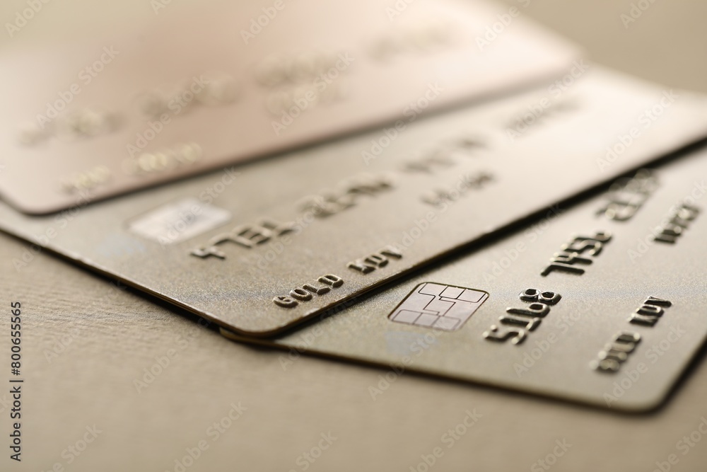 Different credit cards on table, closeup view Different credit cards on table, closeup view