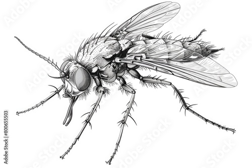 Detailed black and white drawing of a fly, suitable for scientific or educational purposes