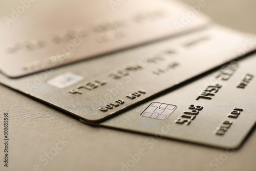 Different credit cards on table, closeup view