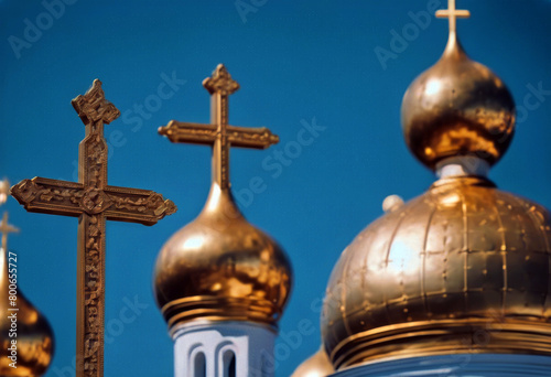 'golden domes day crosses clear blue background sky sunny Christmas Easter Building Architecture Cross Religion Christianity Religious God Prayer Worship Dome Orthodox Holy CathedralChristmas Sky'