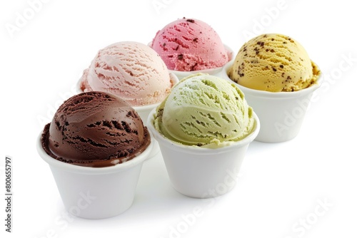 A row of delicious ice creams in small white bowls, perfect for summer menus or dessert concepts