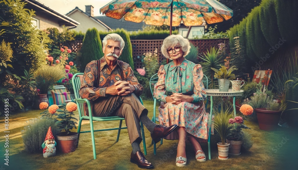 A stylish elderly couple sits contentedly in their quaint, colorful garden sipping tea.