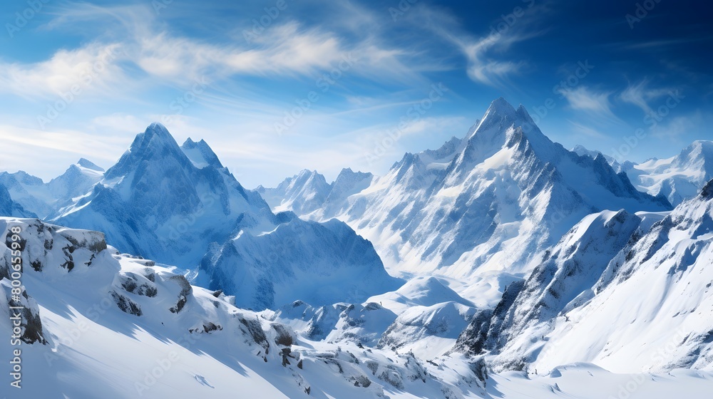 Panoramic view of the snowy mountains in the Swiss Alps.