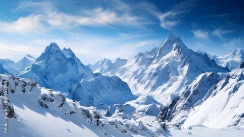 Panoramic view of the snowy mountains in the Swiss Alps.