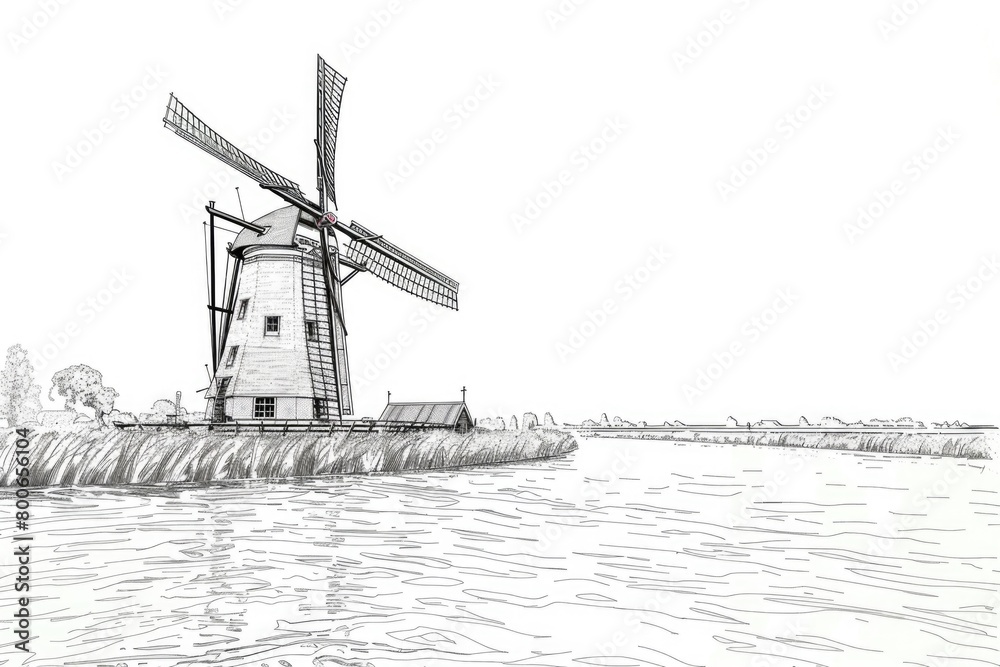 A picturesque drawing of a windmill next to a serene body of water. Suitable for various design projects