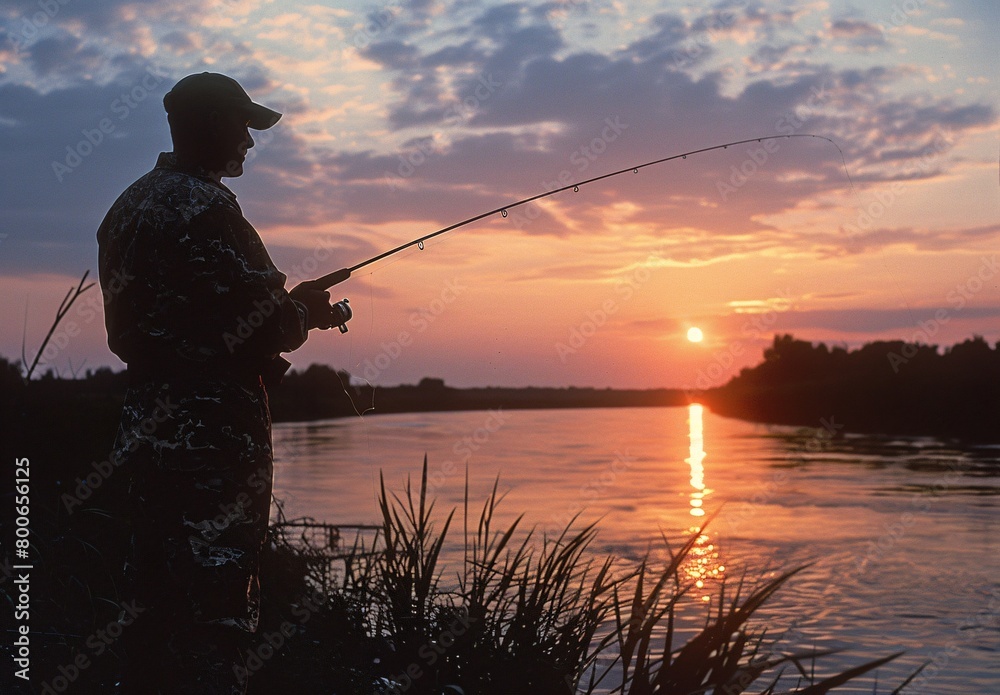 a man wearing camouflage fishing at sunrise on the bank of the river a man wearing camouflage fishing at sunrise on the bank of the river
