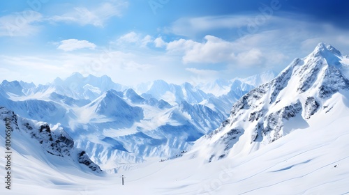 Panoramic view of snow covered mountains in winter, Caucasus, Russia