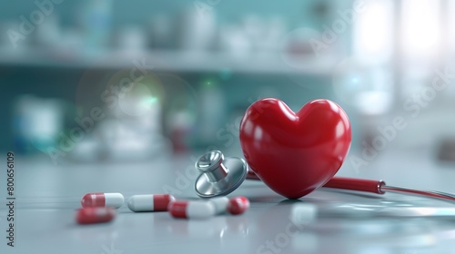 Representation of a health insurance. Decorated with health-related objects such as heart shaped, pills, stethoscope, and meds.