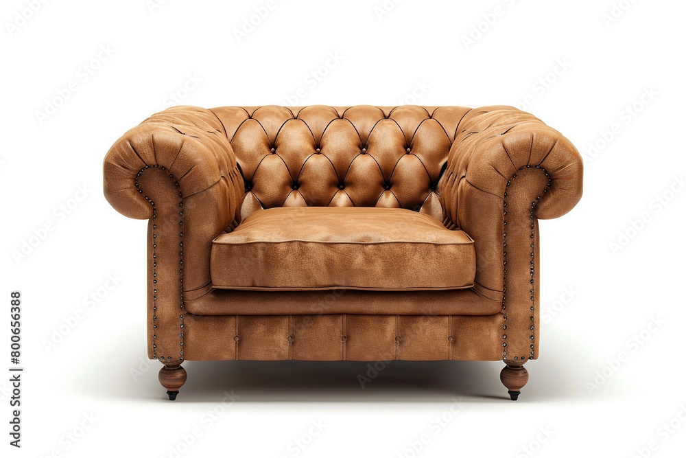 A club chair with a button-tufted backrest and rolled arms, showcasing classic elegance, isolated on a solid white background.