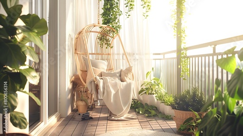 Cozy boho style balcony interior design with swinging chair, natural decoration and potted green plants photo