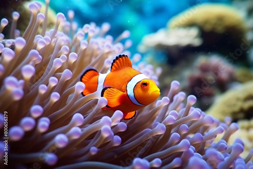 Colorful tropical clownfish swimming near coral and anemone in a vibrant underwater reef