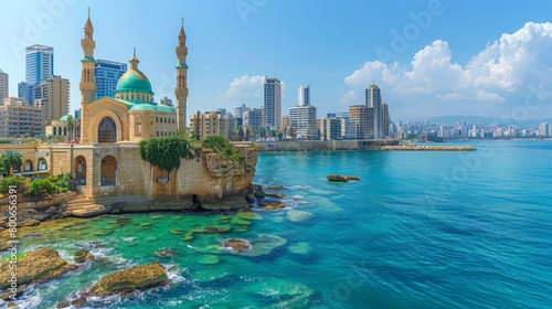 Beirut skyline with Mediterranean backdrop, diverse architectural styles