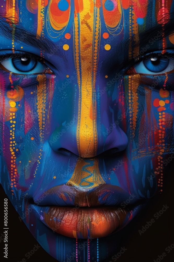 A close up of a face painted with colorful designs and patterns, AI