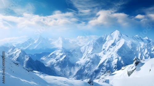 Panoramic view of snowy mountain peaks and blue sky with clouds