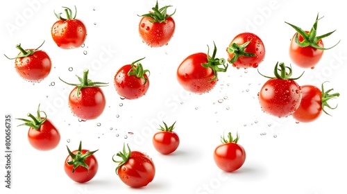 Flying delicious tomatoes, on white background 