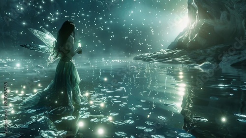 Standing at the edge of a starlit lake a fairy holds a delicate vial of ethereal elixir. As she dips her wings into the liquid they . .