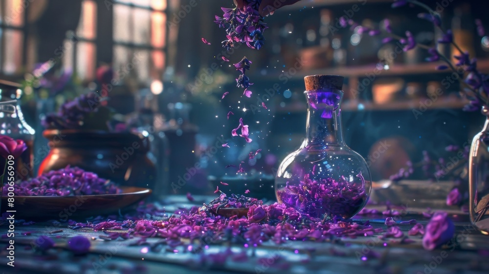 The alchemy laboratory was filled with the sweet aroma of lavender and rose petals as the potionmaker carefully added drops of glowing . . The alchemy laboratory was filled with the sweet aroma of lavender and rose petals as the potionmaker carefully added drops of glowing . .