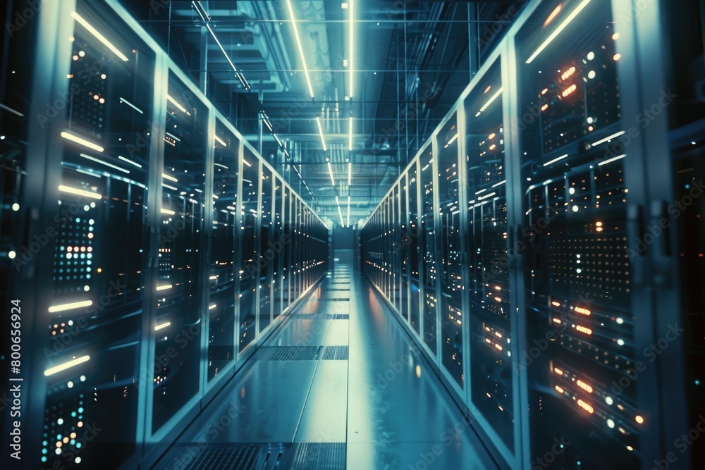 Obraz premium Rows of servers in a long hallway, suitable for technology concepts