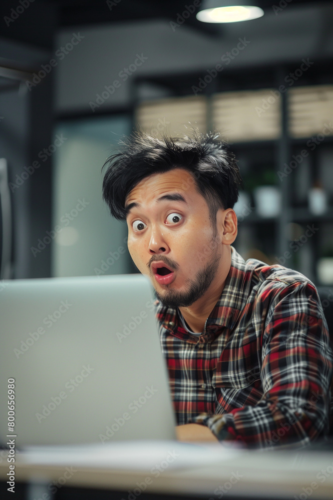 portrait of a confused asian man looking at the computer. frustration. High quality photo portrait of a confused asian man looking at the computer. frustration. High quality photo