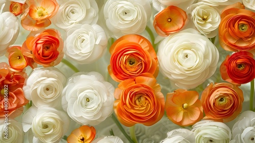 Overhead view of orange and white Ranunculus flower heads floating in a bowl of water