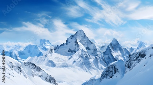 Panoramic view of snow-capped mountains and blue sky