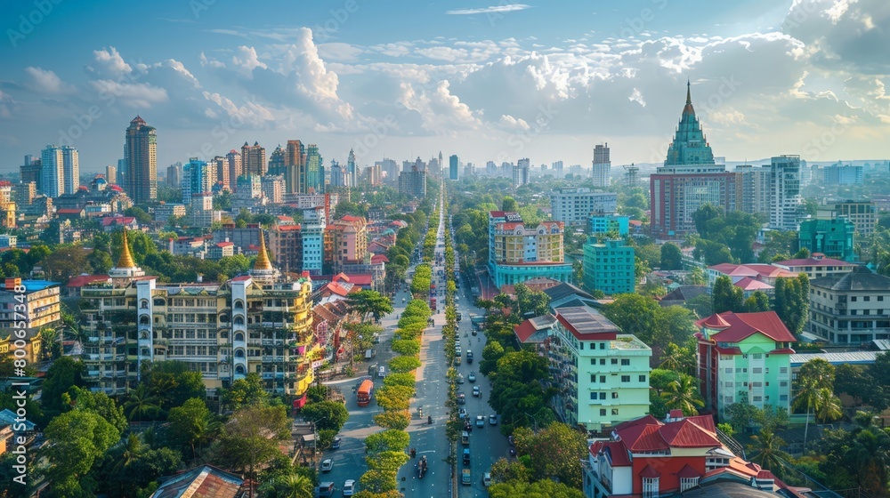 Yangon skyline, historic and contemporary mix, Myanmar