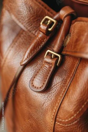Close up shot of a brown leather bag, perfect for fashion or accessory themes
