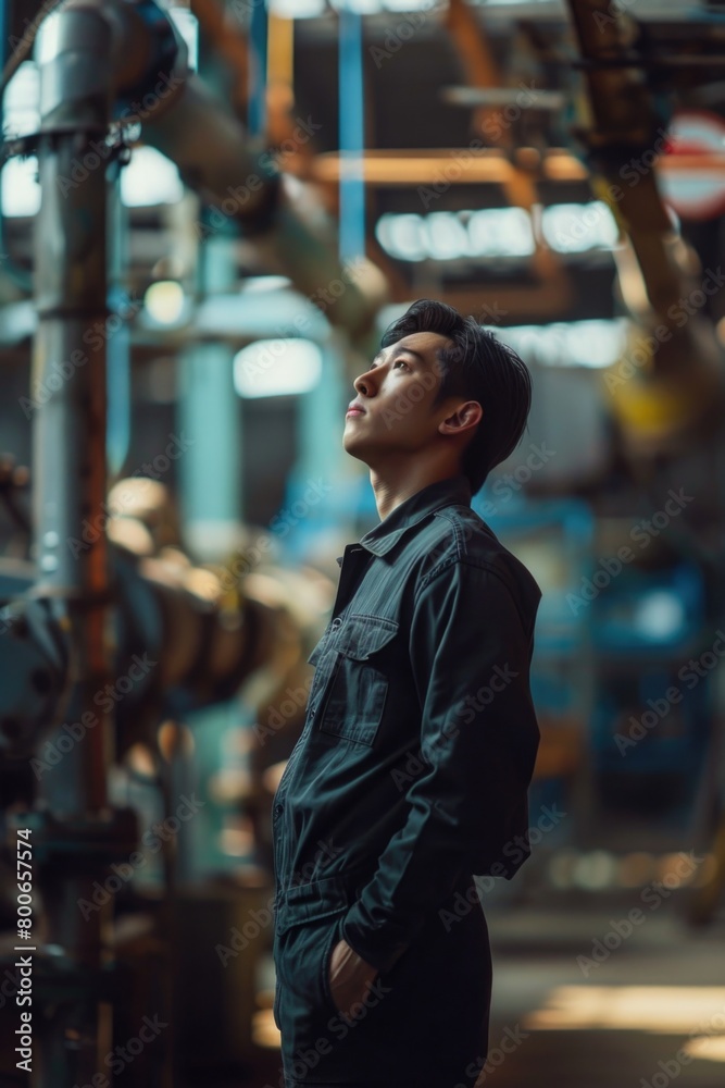 A man standing in front of a machine in a factory. Suitable for industrial concepts A man standing in front of a machine in a factory. Suitable for industrial concepts