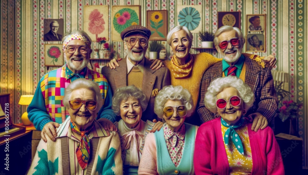 Vibrant group of senior citizens expressing happiness in a room adorned with vivid retro patterns and decor.