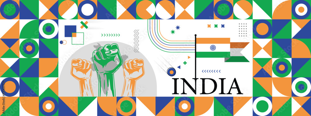 Flag and map of India with raised fists. National day or Independence day design for Counrty celebration. Modern retro design with abstract icons. Vector illustration. Flag and map of India with raised fists. National day or Independence day design for Counrty celebration. Modern retro design with abstract icons. Vector illustration.