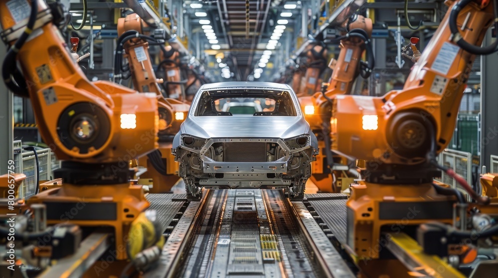 assembly line production of new car automated welding