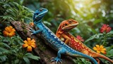 Two lizards perch on moss-covered branch, surrounded by vibrant orange flowers, lush green foliage. One lizard boasts brilliant blue scales with black markings.